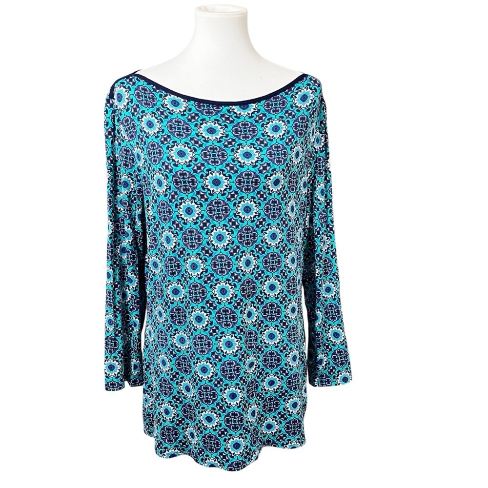 Lands’ End Swim Rash Guard Top Women M/L Blue Geometric Surf Shirt Beach